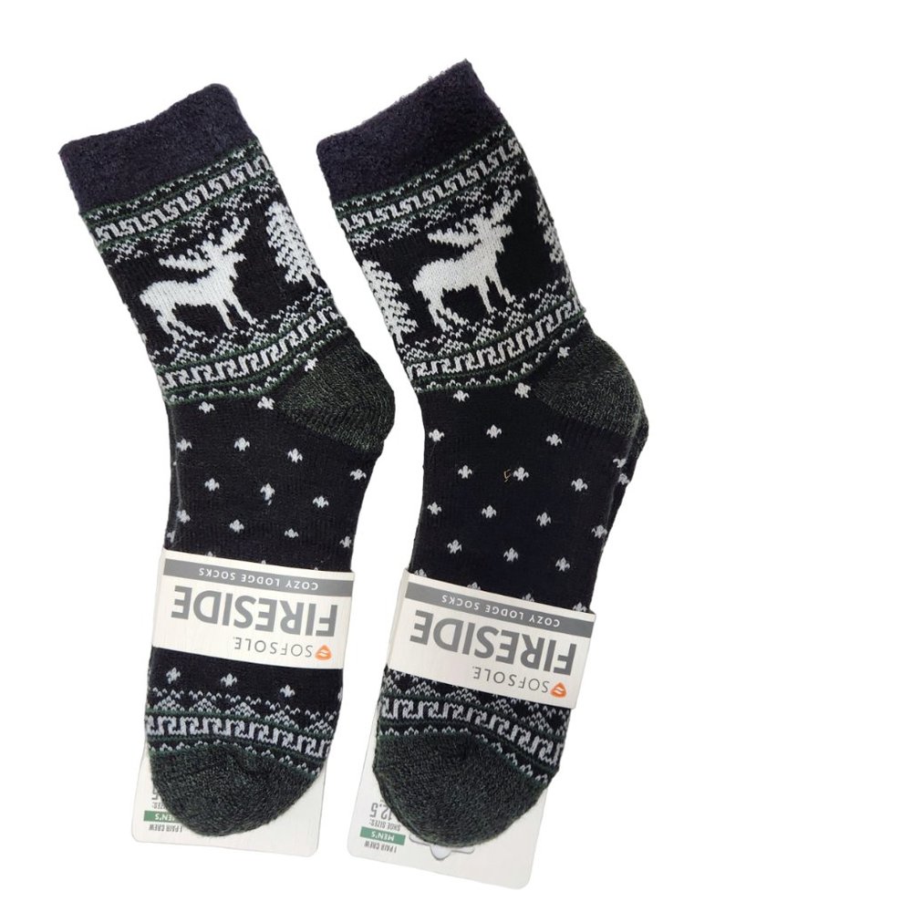 Fireside 2- Pairs Black Nordic Pattern Cozy Socks Men's Shoe Size 8-12.5